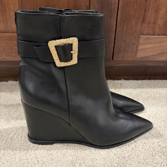 NEW Sam Edelman Women's Weslie Buckle Wedge Leather Black Booties Boots Size 9.5 - Picture 4 of 10